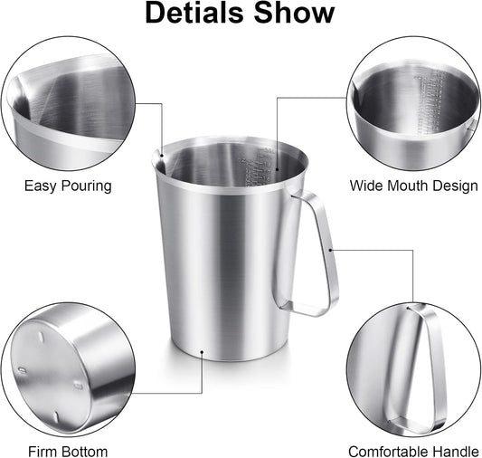 3 Pcs Stainless Steel Measuring Cups Measuring Pitcher with Handle with Markings for Latte Art, Water Pouring 2/4/8 Cup (16/32/64 oz)