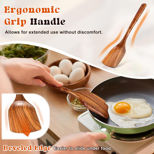 2Pcs Wooden Spatula, Acacia Solid & Slotted Turner Spatula Set, Long Handle Flat Frying Spatulas, Ideal Kitchen Gift for Mother and Grandma, Kitchen Utensils Set for Cooking, Frying, Baking