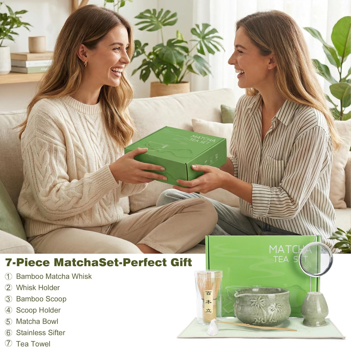 Matcha Whisk Set -7 Pcs Ceramic Matcha Kit Includes Matcha Bowl,Holder,Matcha Sifter, Bamboo Whisk (Chasen),Matcha Spoon and Scoop and Tea Towel,Matcha Kit for Matcha Lovers(Cyan)