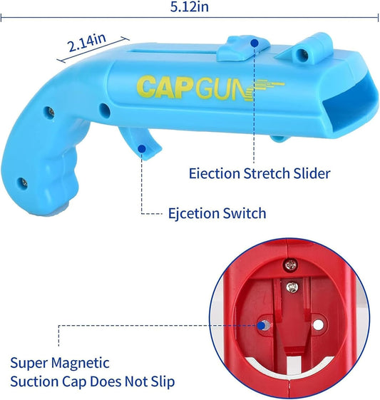Cap Gun Bottle Opener, 2 Pack Bottle Cap Launcher Shooting Gun, Funny Party Opener for Men, Cool Gadget Present for Him - Blue & Red