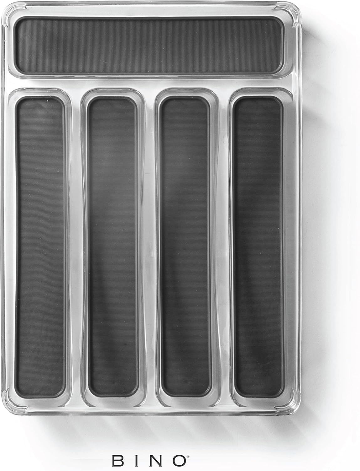 5-Slot Silverware Organizer for Drawer | Plastic Utensil Kitchen Drawers Tray Organization w/Grip Lining (Light Grey)