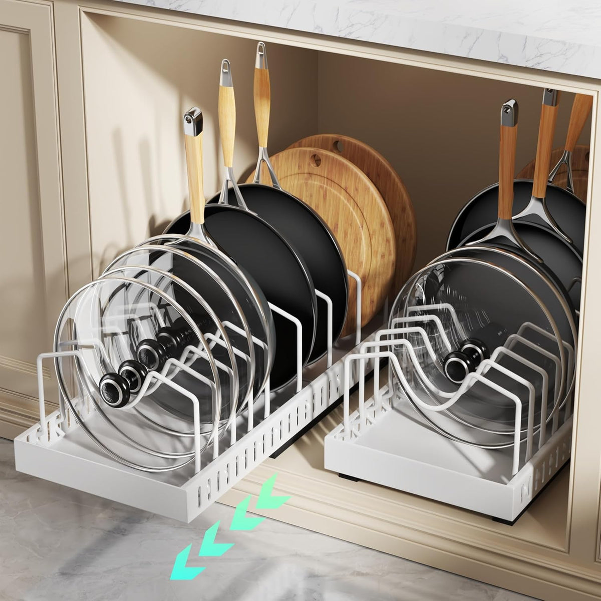 Lozovin Pull Out Pots and Pans Organizer Under Cabinet, Sliding Lid Holder and Pan Rack in Kitchen, Slide Out Inside Cabinet Storage for Pot Lid, Bakeware, Dishes, 8 Adjustable Dividers, 2 Pack Black