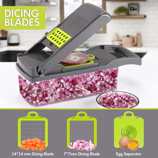 Vegetable Chopper Onion Cutter, 12 in 1 Professional Mandoline Slicer for Kitchen, Multifunctional Food Chopper for Potato, Tomato, Veggie with Strainer Basket, 8 Blades, Gray