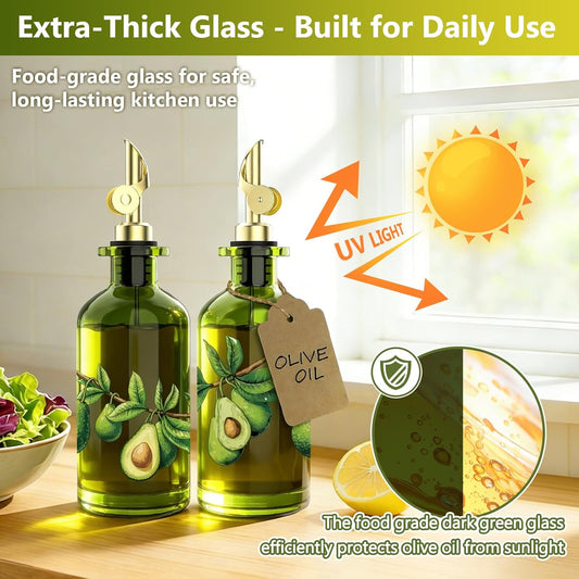 Olive Oil Dispenser Bottle for Kitchen, 12oz/350ml Extra Thick Glass Oil and Vinegar Cruet with Stainless Steel Pourer, Funnel & Cleaning Brush, Premium Oil Dispenser Set (Avocado)