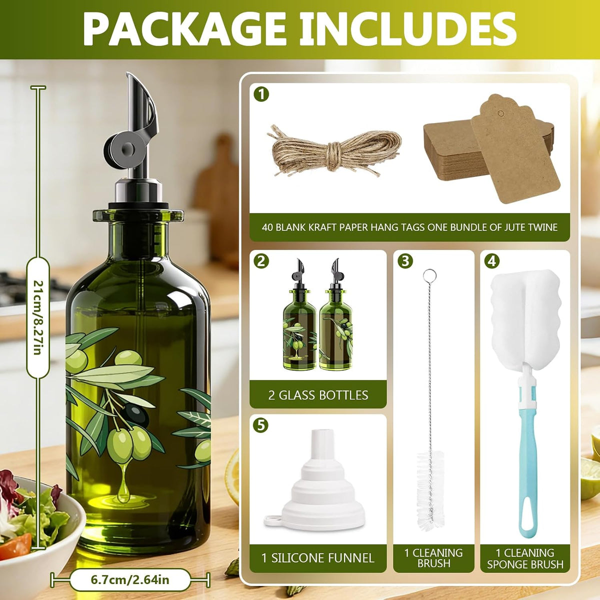 Olive Oil Dispenser Bottle for Kitchen, 12oz/350ml Extra Thick Glass Oil and Vinegar Cruet with Stainless Steel Pourer, Funnel & Cleaning Brush, Premium Oil Dispenser Set (Avocado)