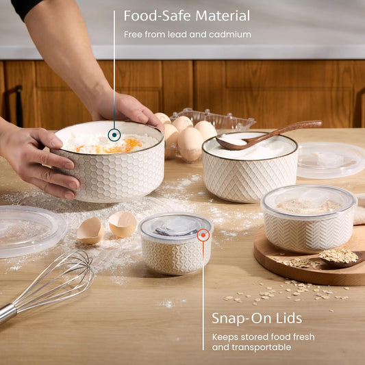 Serving Bowls, with Lids, Ceramic Nesting Bowls, Set of 4, Embossed, Kitchen, Prep, Stackable, Gift, Microwave and Dishwasher Safe, 10/16/29/47 oz, Narbonne Collection (Ivory)