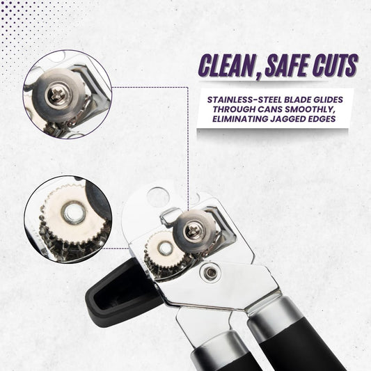 Heavy Duty Stainless Steel Manual Can Opener with Bottle Opener Function- Rust Proof and with Soft Grip Handle, razor sharp, smooth and easy cutting