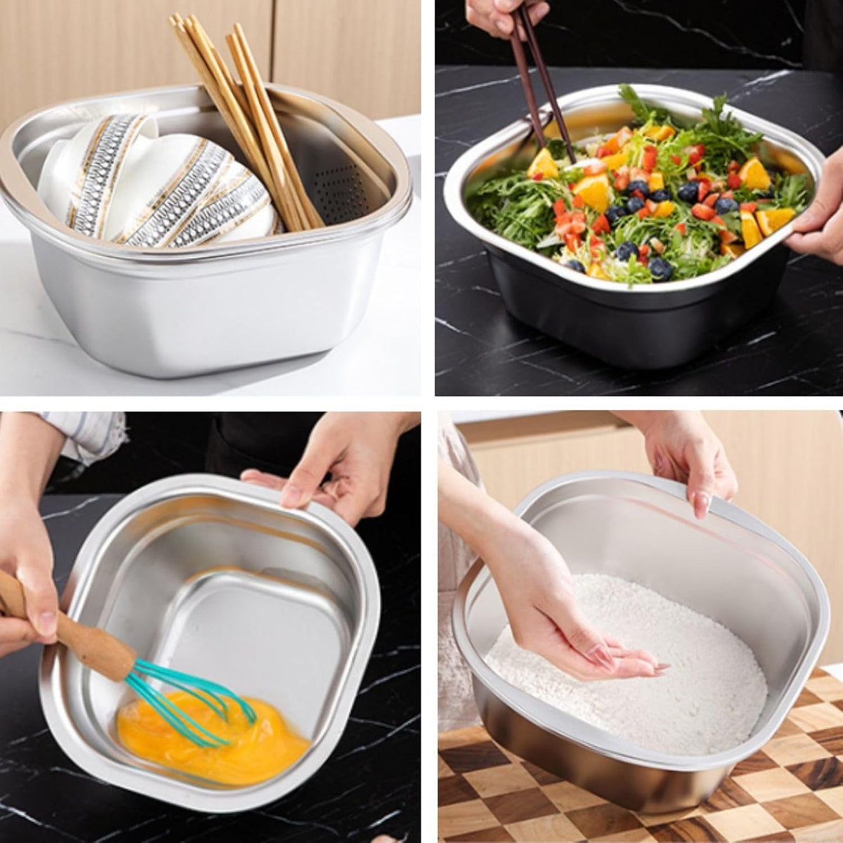 Stainless Steel Washing Up Bowl Set, Square Dish Tub with Colander&Lid, Multi-purpose Fruit Vegetable Washing Basin with Strainer for Sink, Kitchen Preparation, Wshing,Storage, 11in*4in