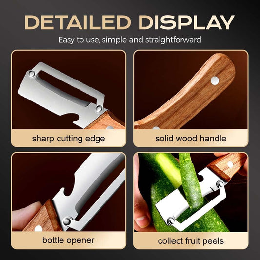 Multi-Functional Vegetable Peeler for Kitchen, 2026 Upgraded 2 in 1 Ultra-Sharp Stainless Steel Blade with Wooden Handle and Bottle Opener, For Fruits or Vegetables that Need to Be Peeled (2)