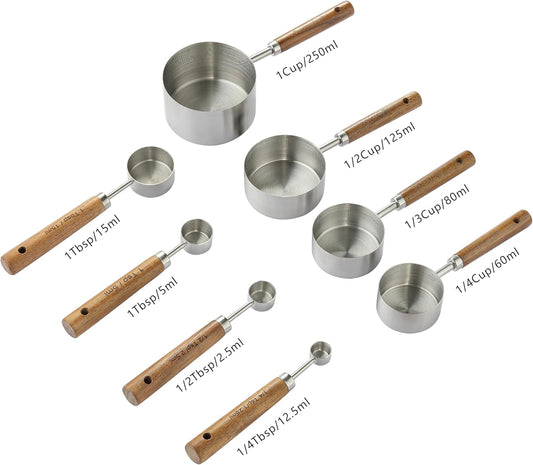 8PCS Measuring Cups, Stainless Steel Measuring Cups and Spoons Set with Ergonomic Wooden Handle for Cooking & Baking