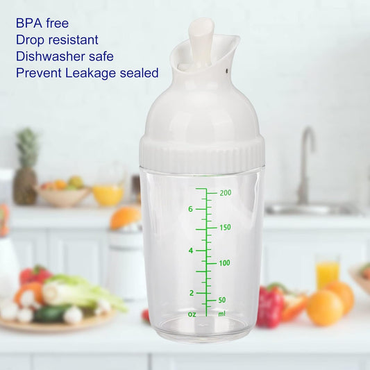Salad Dressing Shaker, 200ml Leakproof Glass Dressing Bottle Mixer, One Hand Operated, Dishwasher for Sauces, Vinegar, Oil (White)