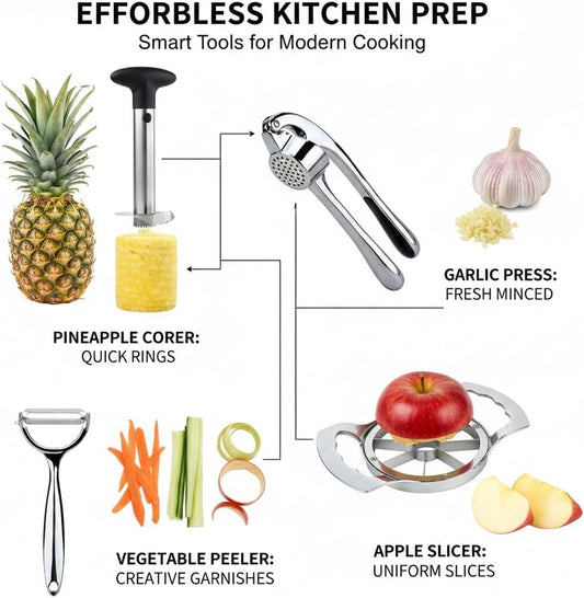 Ultimate Kitchen Tool Set of 4 – Pineapple Corer, Apple Slicer, Peeler & Garlic Crusher | Multifunctional Stainless Steel Gadgets for Fruit & Vegetable Prep | Easy-to-Use, Time-Saving Gift Set.