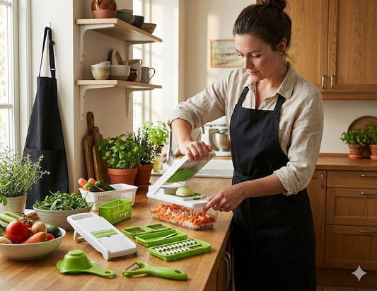 Kalmat Dynamics Food Chopper & Vegetable Slicer, White+Green | 16-in-1 Multi-Function, 7 Blades, Container Included, Free Black Cooking Apron