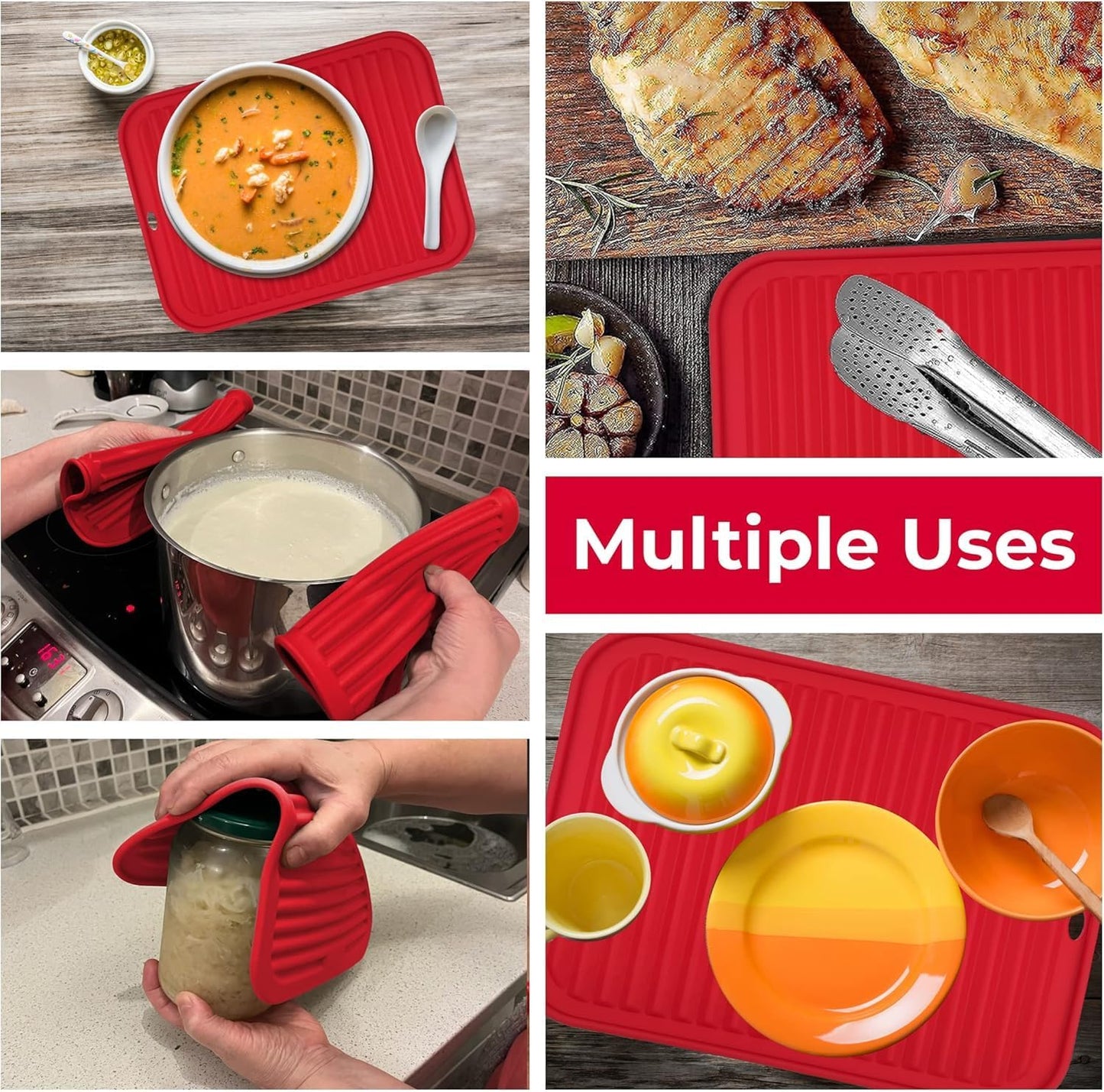 Silicone Trivets for Hot Dishes, Pots, Pans (2 Pack) - Heat-Resistant Pot Holders for Kitchen Countertop Mats - Silicone Trivet Mat (9 x 12 Inch) - Multipurpose Counter Pads (Black)