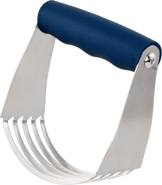 R&M Dough Blender for Cutting and Blending Dough, Mashing Fruit, Mixing Dry Ingredients and More. Stainless Steel with Non-slip Blue Handle.