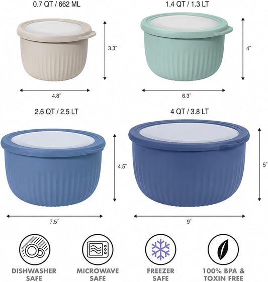 Set of 4 Prep, Store & Serve Plastic Bowls - w/See-Thru Lids- Dishwasher, Microwave & Freezer Safe, (0.7, 1.4, 2.6, 4 Quarts) - Multicolor