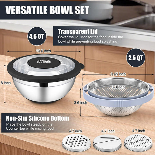 Mixing Bowl with Colander, 4-1 Bowl with Lids & 3Pcs Nesting Graters