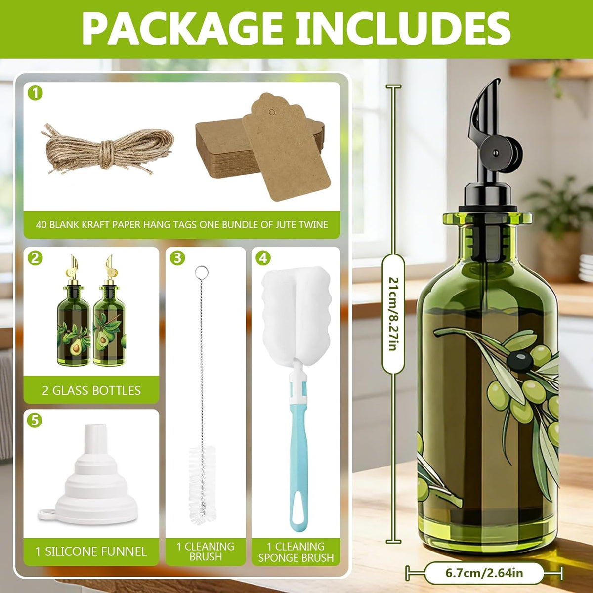 Olive Oil Dispenser Set of 2, Dark Green Glass Bottles, 12 oz | Gold Auto-Flip Spouts, Funnel, 2 Cleaning Brushes, and 45 Labels for Olive Oil, Vinegar, and Avocado Oil