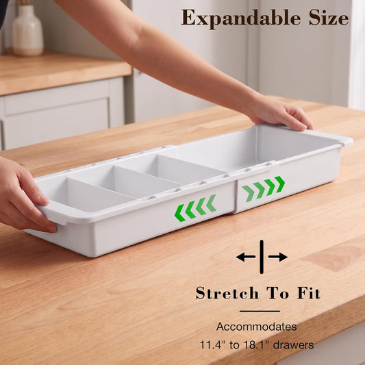 Expandable Measuring Cup Organizer & Measuring Spoon Organizer for Deep Drawers, 11.4''–18.1'' Adjustable Kitchen Drawer Organizer with 3 Dividers, Space-Saving Flatware Bin for Home & Kitchen