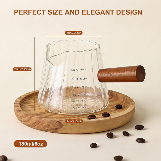 Espresso Measuring Cup, 6 Oz Espresso Shot Glass with ML Scale | Espresso Cups with V-Shaped Spout & Wood Handle, Heat-resistant Borosilicate Glass Pitcher for Coffee, Milk & Syrup