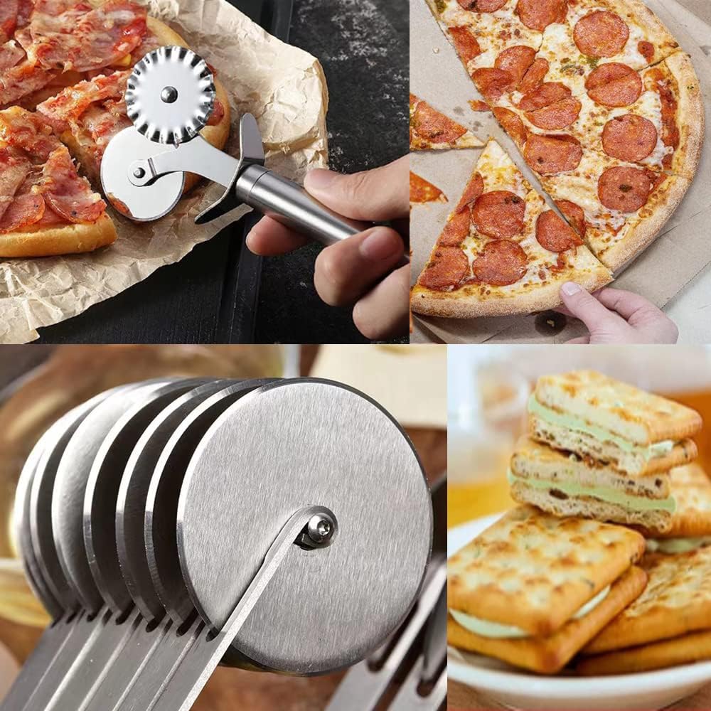 3-Wheel Pastry Knife, Dough Cutter and Wooden Handle Pizza Knife Wheel,Spaghetti And Noodle Slicer, Stainless Steel Pizza slicer, multiple pasta roller cutter tools, (with handle)