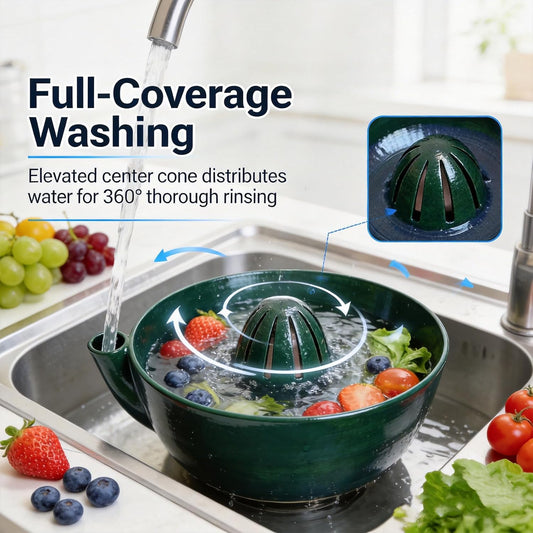 Self Spinning Ceramic Berry Washing Bowl, Berry Bowls with Holes Ceramic, 360° Rotating Fruit Strainer, Integrated Rapiddrain Base, for Fruits, Vegetables, Berries (1Pcs)