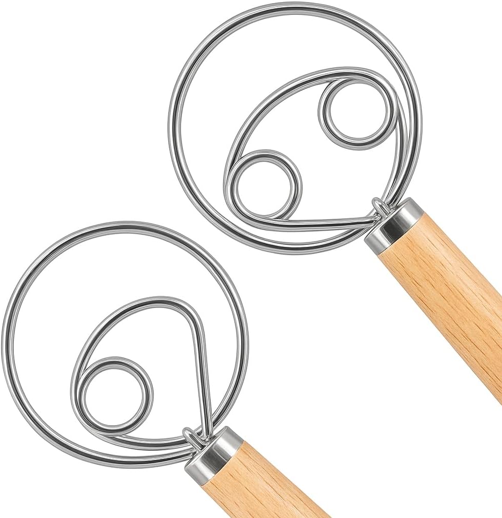 Danish Dough Whisk - One Eye Stainless Steel Bread Mixer with Wooden Handle - Sourdough Whisk for Baking Dough, Pizza, Pastries - Food-Grade, Dishwasher Safe