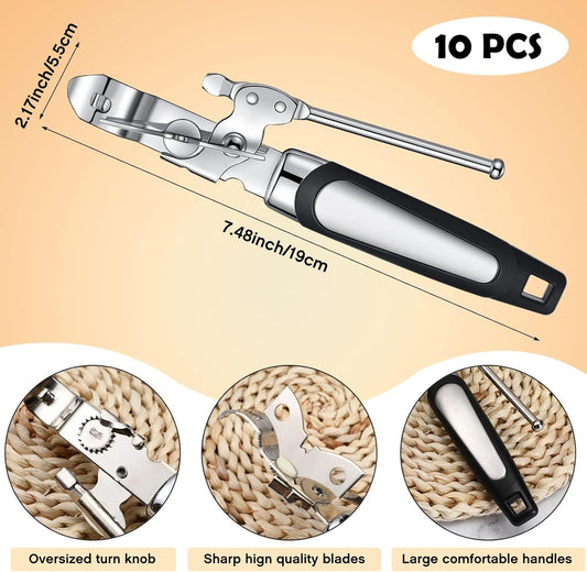10 Pcs Can Opener Manual Bulk Smooth Edge with Sharp Blade and Soft Non Slip Grip Handle Heavy Duty Handheld Safety Can Opener for Kitchen Restaurant, Black and Silver