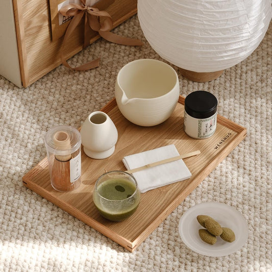 Matcha Whisk Set, Ceramic Matcha Bowl with Spout, Crème,6-Pc | Matcha kit includes 20 oz bowl, 100-prong bamboo whisk, holder, and scoop. High walls and curved spout help prevent spills.