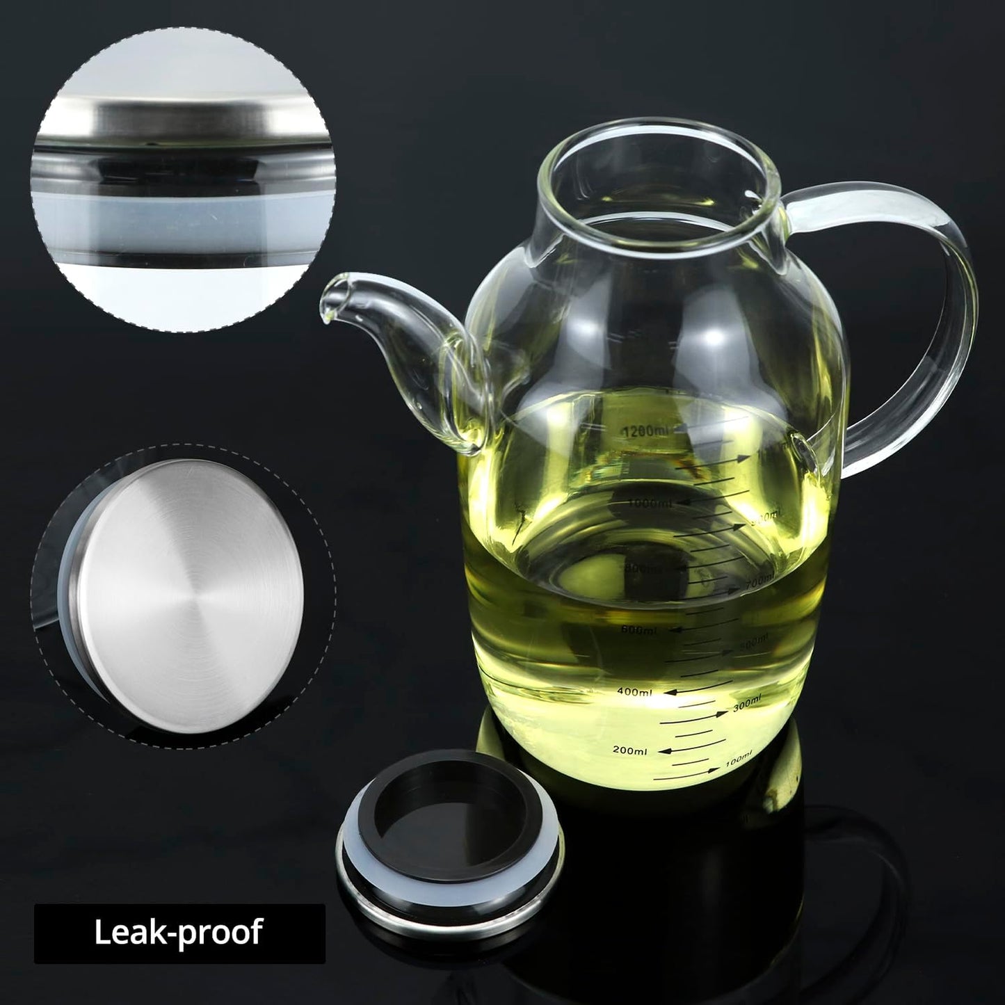 1200ML/40Oz Large Glass Cooking Oil Bottle with Stainless Steel Lid, Oil & Vinegar Dispenser Bottle for Olive Oil, Vinegar, Soy Sauce, Kitchen No Drip Liquid Container