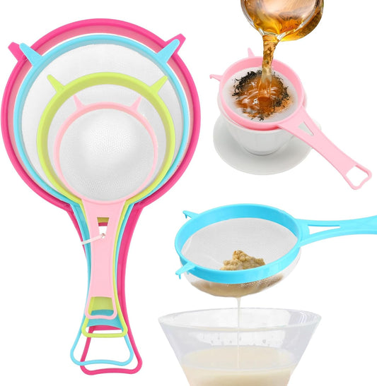 4Pcs Fine Mesh Strainer Set, Solid-Liquid Separator Gadget, Plastic Flour Colander with Non Slip Handles, Kitchen Tools for Yogurt Baking Tea Coffee Juice Pasta(4 Size)
