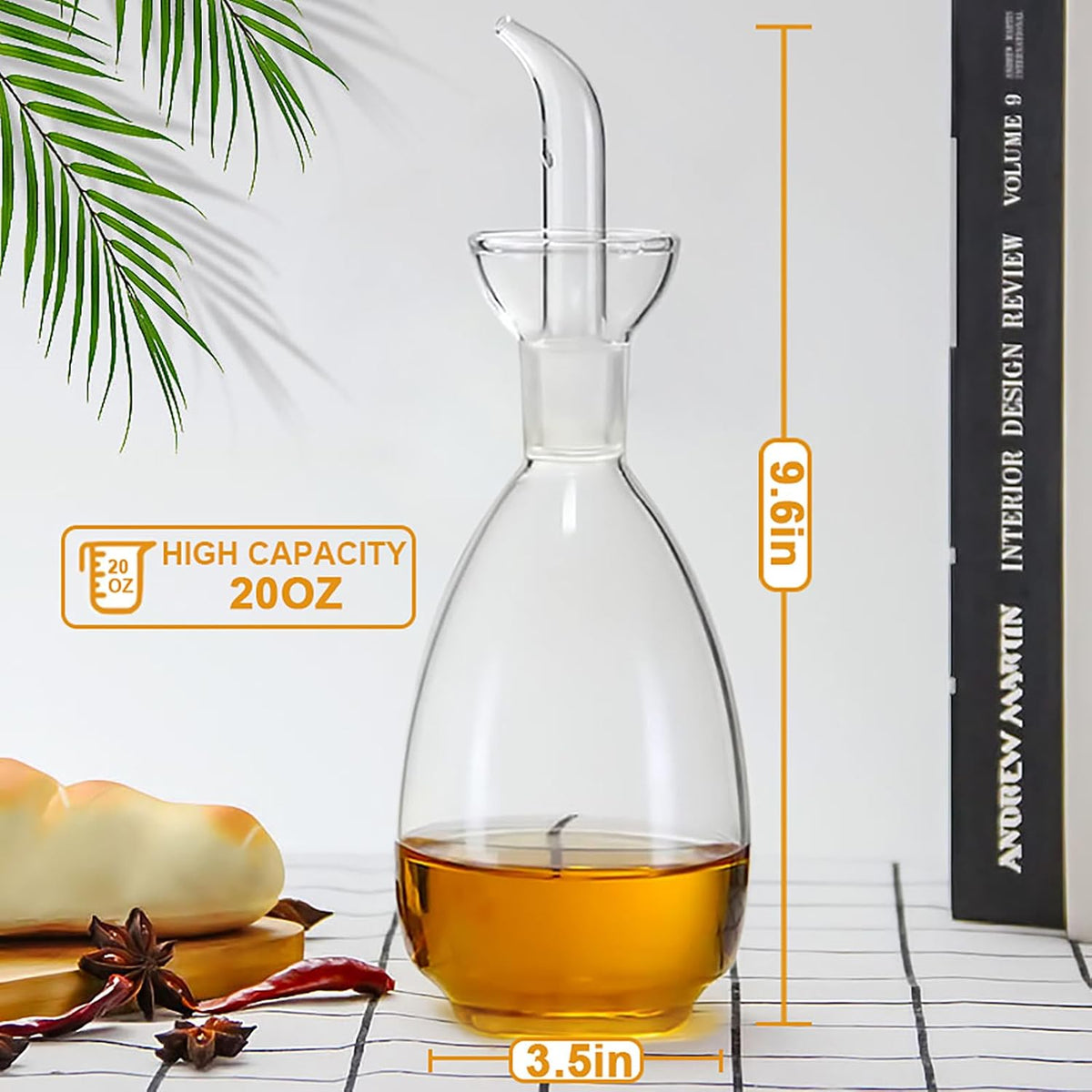 Glass Oil Bottle with Spout, Olive Oil Dispenser Vinegar Drizzler Pourer Stopper Pot, Soy Sauce Vinegar Cruet Non Drip Heat-Resistant for Cooking Kitchen Restaurant BBQ (15 oz)