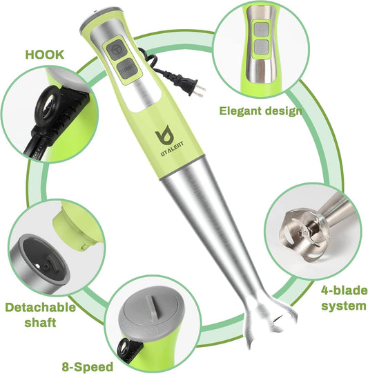 5-in-1 Immersion Hand Blender for Puree Food, Smoothies and Soups | 8-speed, Pure Copper Winding Motor, 5.2 feet power cord, 4-point Ice crush blade, 500ml chopper, 600ml vessel, Whisk, Frother