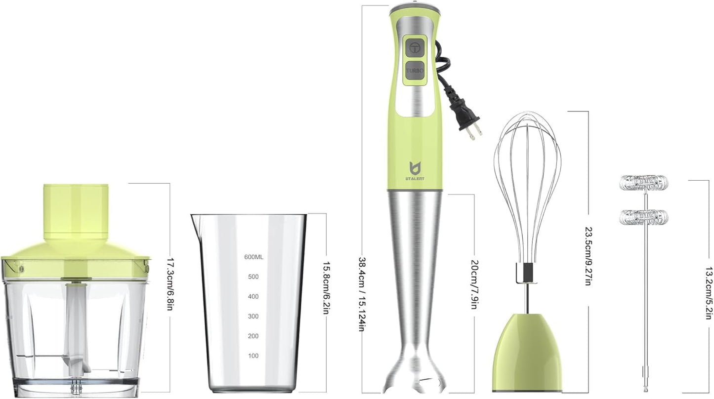 5-in-1 Immersion Hand Blender for Puree Food, Smoothies and Soups | 8-speed, Pure Copper Winding Motor, 5.2 feet power cord, 4-point Ice crush blade, 500ml chopper, 600ml vessel, Whisk, Frother