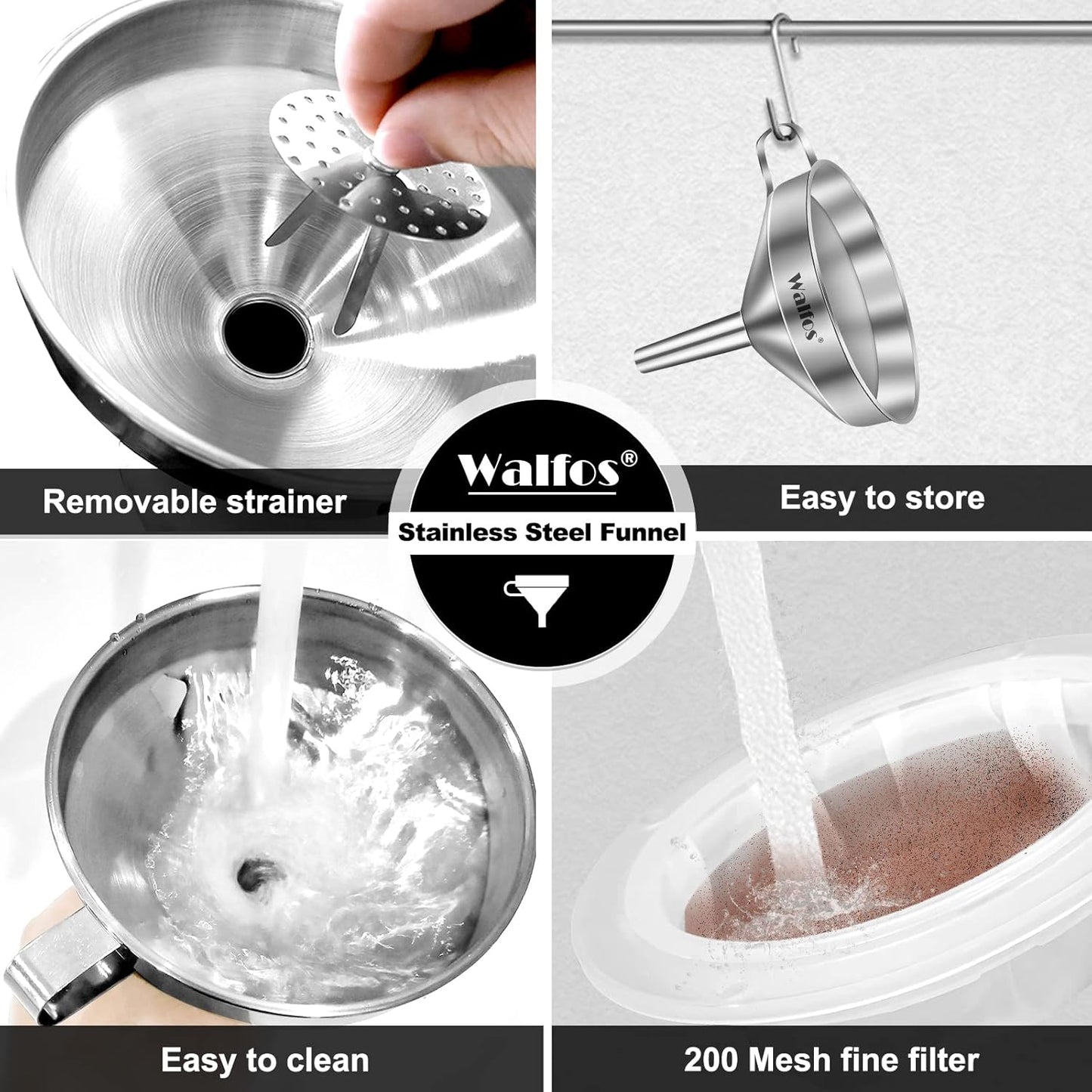 Stainless Steel Funnel, 4 Pack(4in、3 in、2.2 in、1.7in Kitchen Funnel with 2 Removable Strainer & 1Pcs Cleaning Brush, Perfect for Transferring of Liquid, Oils, Jam, Dry Ingredients & Powder