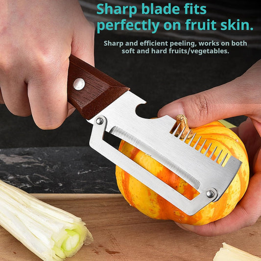 Vegetable Peeler with Wooden Handle and Bottle Opener,Stainless Steel Julienne Peeler,Multi Functional Kitchen Gadgets for Apple Fruit Orange Potato Carrot Pumpkin Papaya (2)