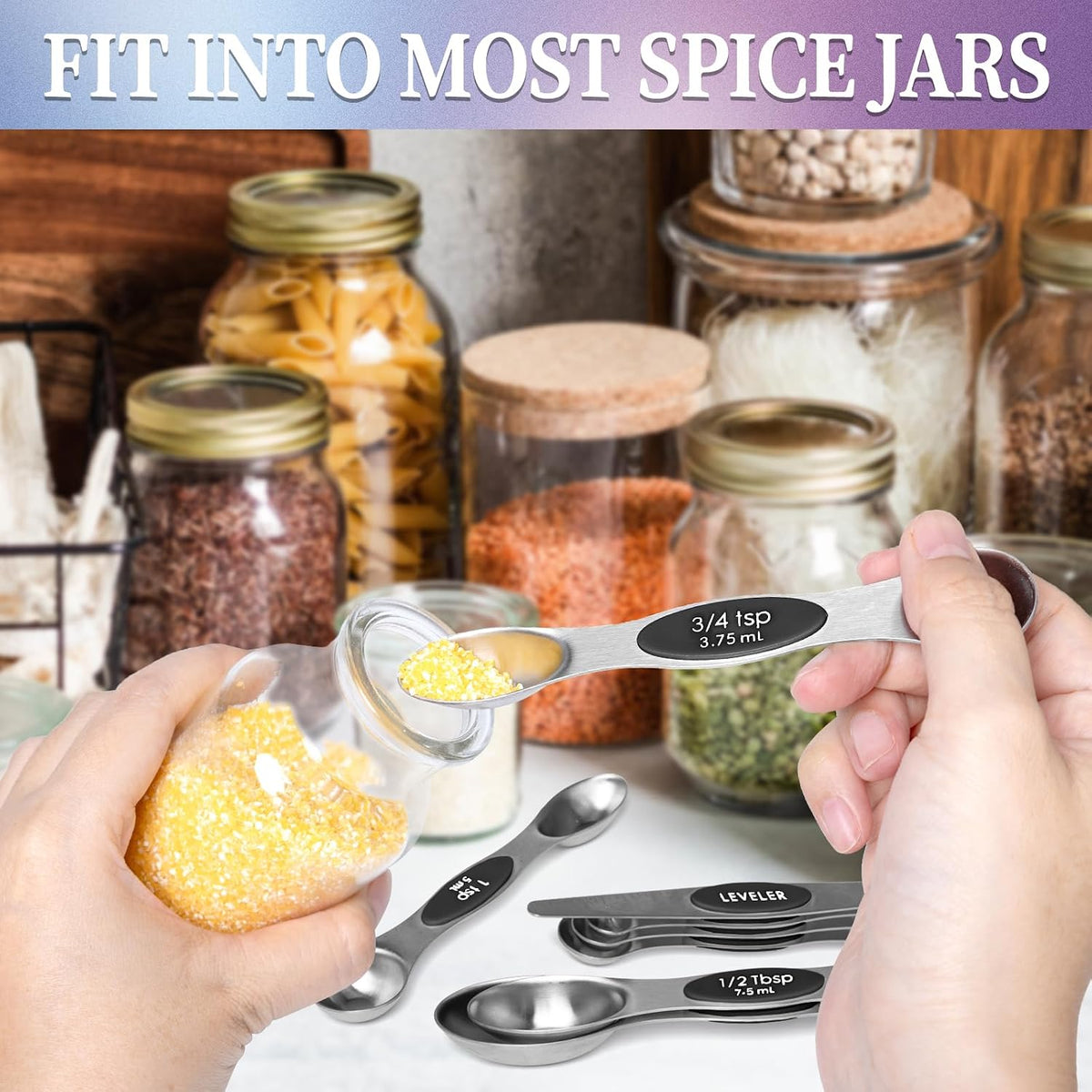 Magnetic Measuring Spoons Set of 8 with Leveler, Stainless Steel Metal Measuring Spoon, Dual Sided for Measuring Dry and Liquid Ingredients, Teaspoon Tablespoon Measure Spoons (Multicolor)