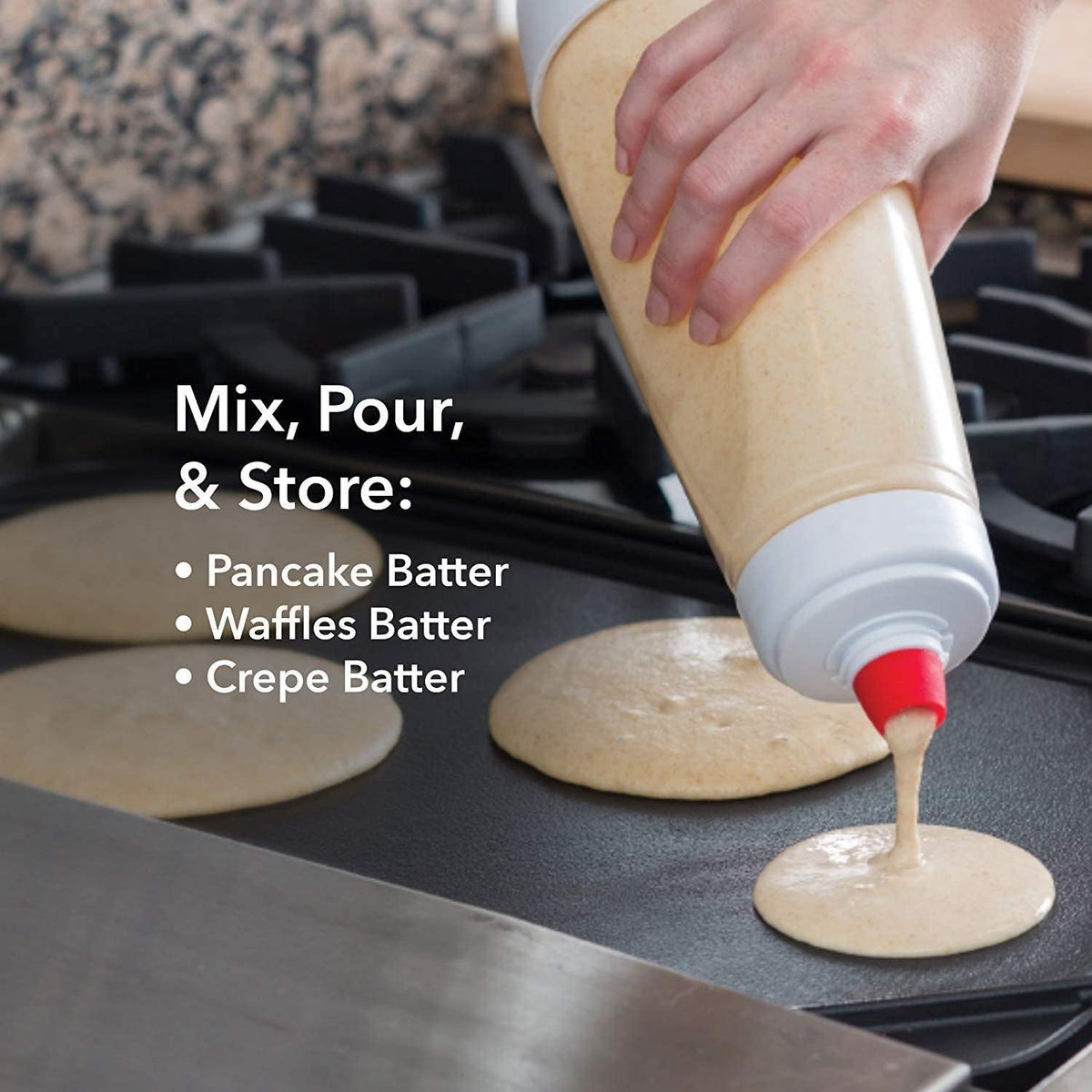 Pancake Batter Dispenser, Pancake Mix Dispenser with BlenderBall for Pancakes, Crepes, Waffle, Muffins, Qatayef, Cupcakes, and more (1 pack)