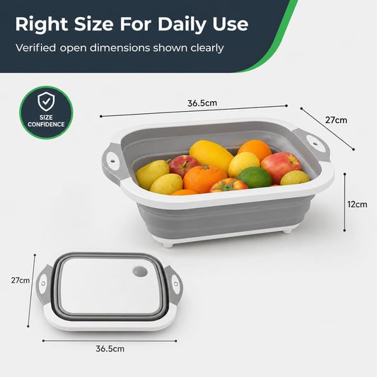 Collapsible Cutting Board & Wash Basin – 3-in-1 Foldable Kitchen Sink with Drain Plug – Portable Dish Tub for Kitchen & Camping
