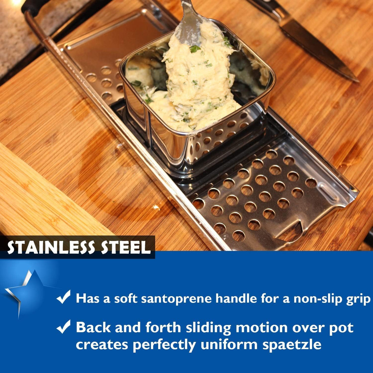 Premium Grade Stainless Steel Spaetzle Maker with Comfort Grip Handle, Stainless Steel Spider Strainer Skimmer Spoon Pasta Strainer, Homemade Traditional German Egg Noodle Dumpling Making Tool Set