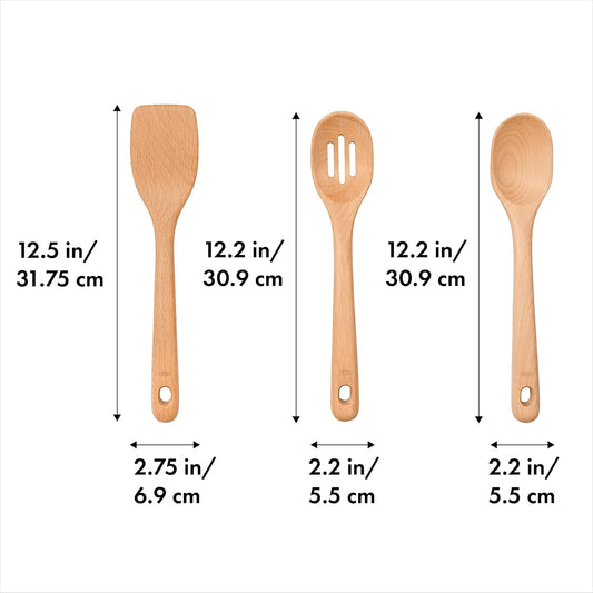 Good Grips 3‑Piece Wooden Utensil Set, Solid Beachwood Spoon, Slotted Spoon and Turner