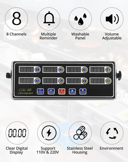 Digital Kitchen Timer - 8-Channel Multi-Timer with Waterproof Panel, Adjustable Volume