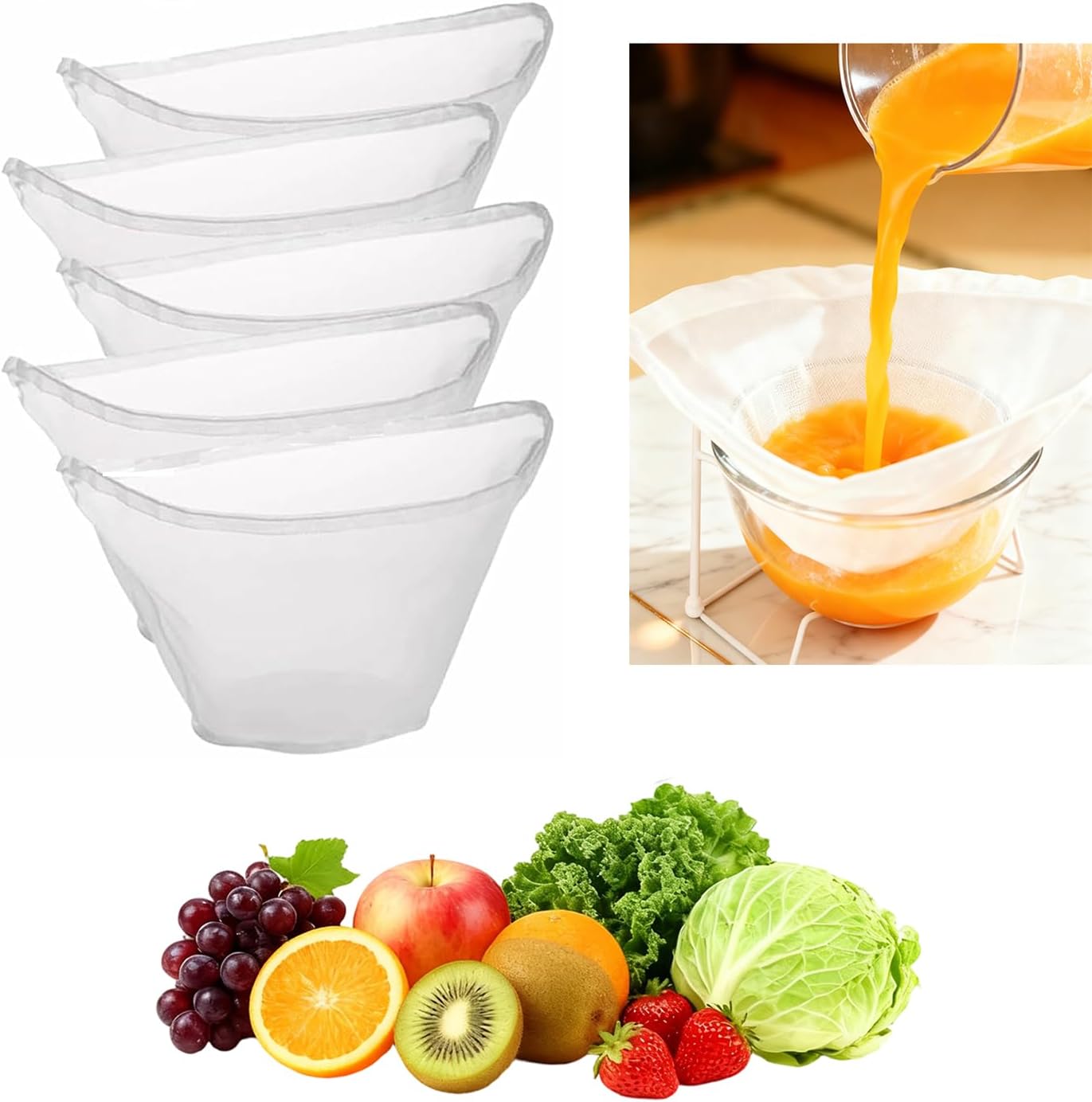 6PCS Cheese Cloth Filling Squeeze Nylon Bags, Bowl-shaped reusable nylon cheese cloth filter bag, Ultra Fine Mesh Strainer Bags, suitable for nut milk, juice, soy milk, dumpling fillings (S, M, L)