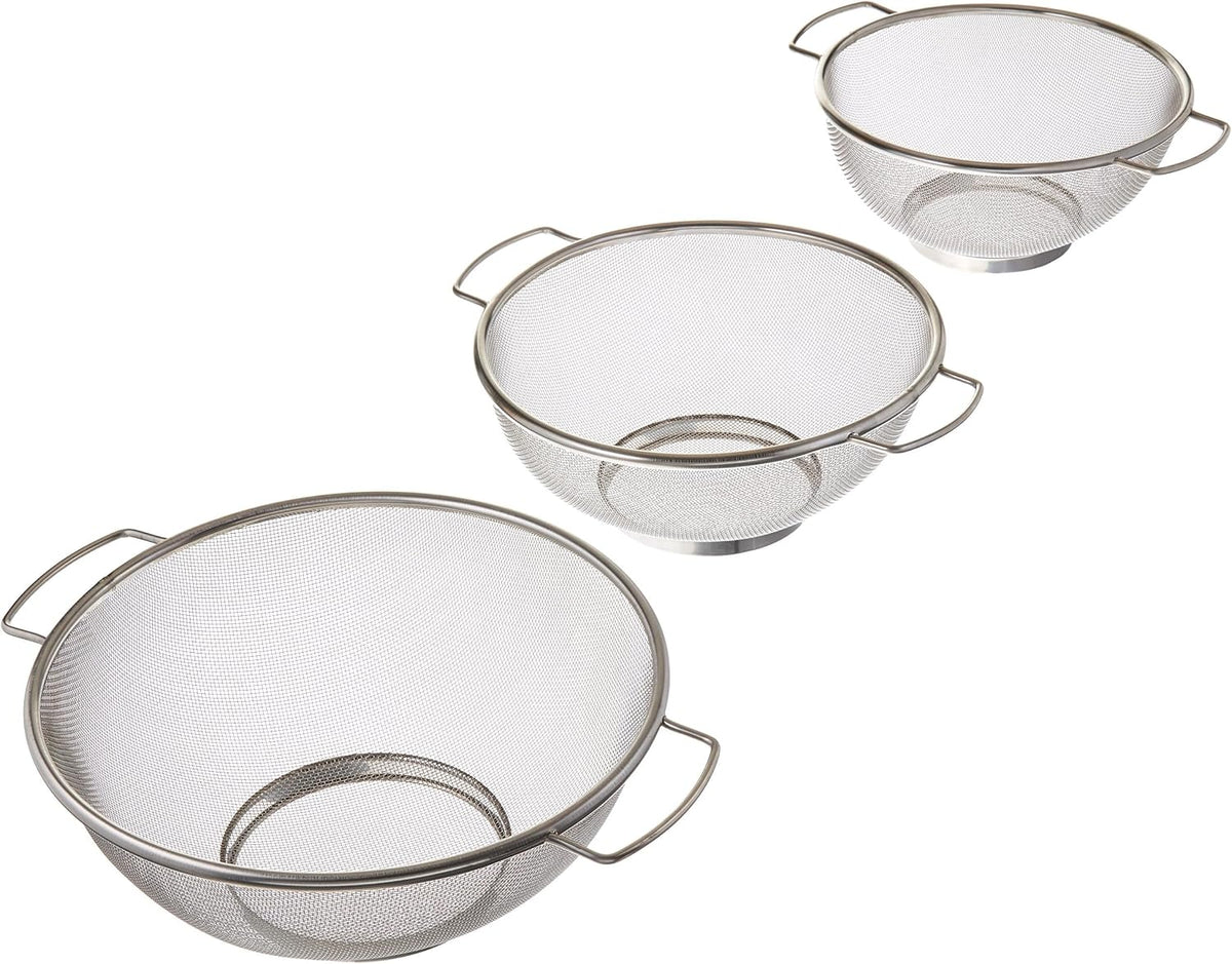3 Piece Stainless Steel Fine Mesh Colander w/Resting Base, Dishwasher Safe Strainer for Vegetables, Salad, Fruit, Pasta (732)