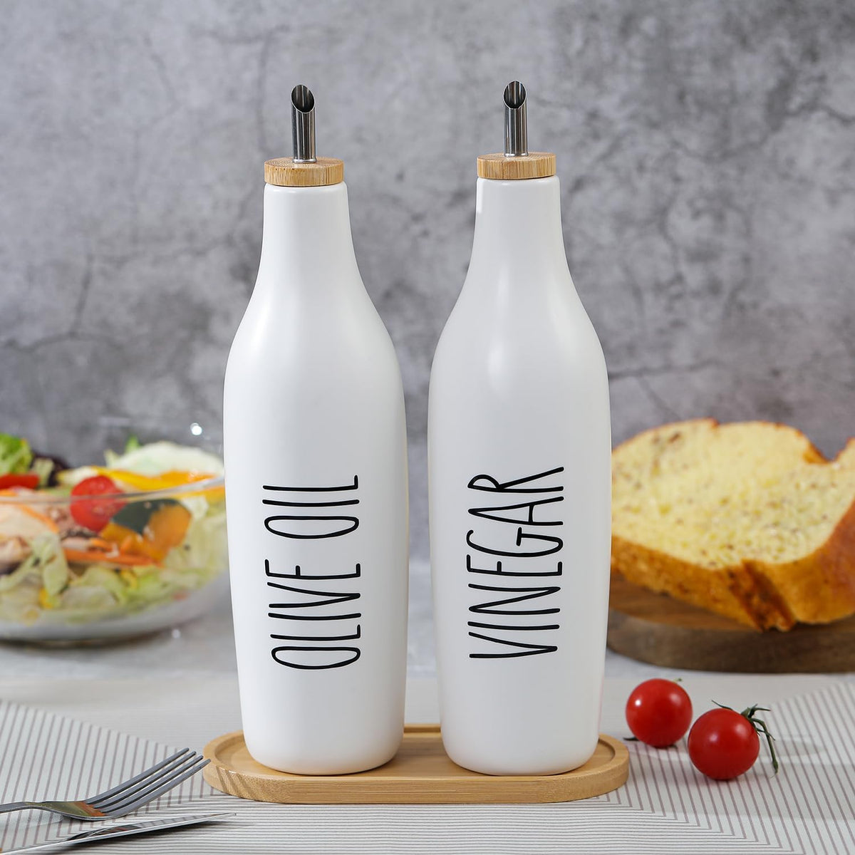 HOMCDALY Ceramic Olive Oil Dispenser for Kitchen, Stoneware 16oz Oil and Vinegar Bottles Dispenser, Kitchen Dispenser Bottle for EVOO Vinegar Syrups, Modern Farmhouse Design(W)