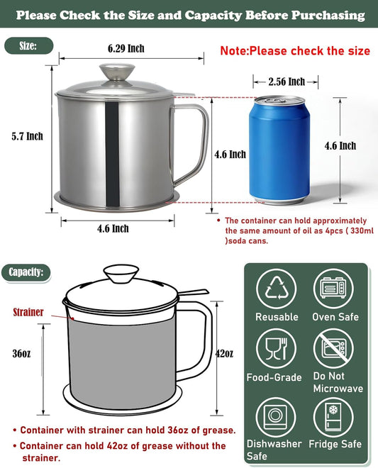 Bacon Grease Container with Strainer 42 oz Kitchen Frying Cooking Oil Saver | 1.25 L Food-grade Easy-Grip Handle Container with Lid and tray Oil Stainless Steel Keeper Dishwasher Safety Catcher