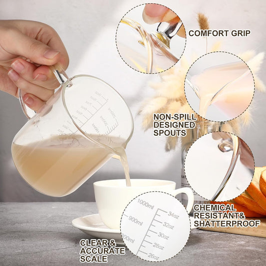 3 Pack High Borosilicate Glass Measuring Cups Set with Handle V Shaped Spout, 4, 2, 1 Cup 3 Scales (Oz, Cup, Ml) for Kitchen Restaurant Baking Cooking, Easy to Read, Clear(White Scale)
