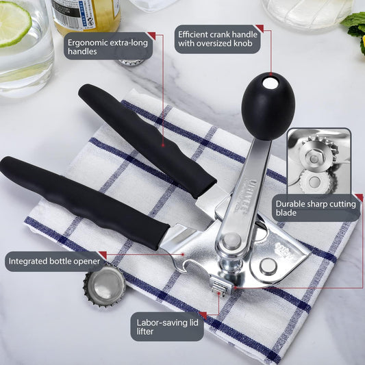 Commercial Can Opener Heavy Duty, Hand Crank for Large Cans, Black | Manual Can Opener, High-Carbon Blade, Extra-Long Handle, Oversize Knob, Built-in Magnet & Bottle Opener, For #10 Cans