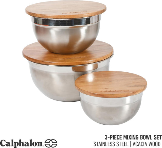 Orbit Mixing Bowl Set, 3-Piece Stainless Steel Mixing Bowls(1.5 Qt, 3 Qt, 5 Qt) with Acacia Wood Lids & Non-Slip Base, Kitchen Prep Bowls for Mixing, Serving & Food Storage
