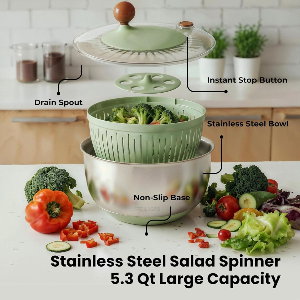 Large Stainless Steel Salad Spinner 5.3QT, Lettuce Dryer, Vegetable Washer with Brake Button, Non-Slip Base, Salad Dryer for Greens, Fruits & Vegetables